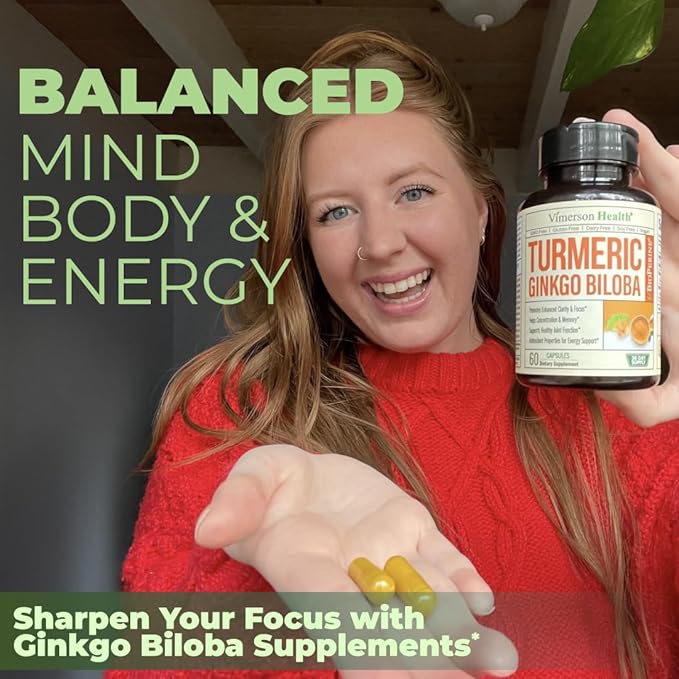 Ginkgo Biloba and Turmeric Curcumin Supplement with Black Pepper &amp Organic Tumeric – Natural Turmeric Supplement for Focus Memory Joint &amp Brain Health – 120 Vegan Ginko Biloba Capsules with
