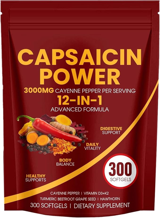 Capsaicin Power 12-in-1 Cayenne Pepper Softgels Supplementwith Vitamin D3+K2 Cayenne PepperTurmericGrape Seed and Other Extract300 Softgels (1)
