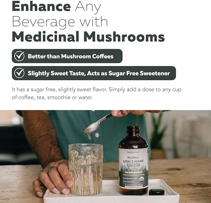 MycoMax Lions Mane Extract - 70% Beta Glucans Max Potency Organic Lions Mane Supplement US Grown + Ultrasonic Extraction - 500 mg per serving - Mental Clarity Focus and Memory - 8 oz.