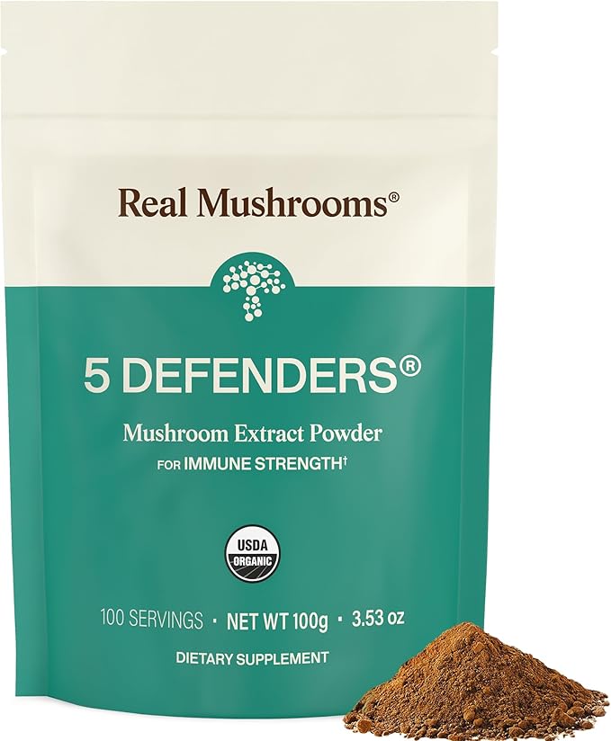 Real Mushrooms 5 Defenders Mushroom Complex Powder – Organic Mushrooms Extract from Chaga Reishi Turkey Tail Maitake &amp Shiitake Mushroom Blend for Wellness Support with Beta Glucans - 100 Servi