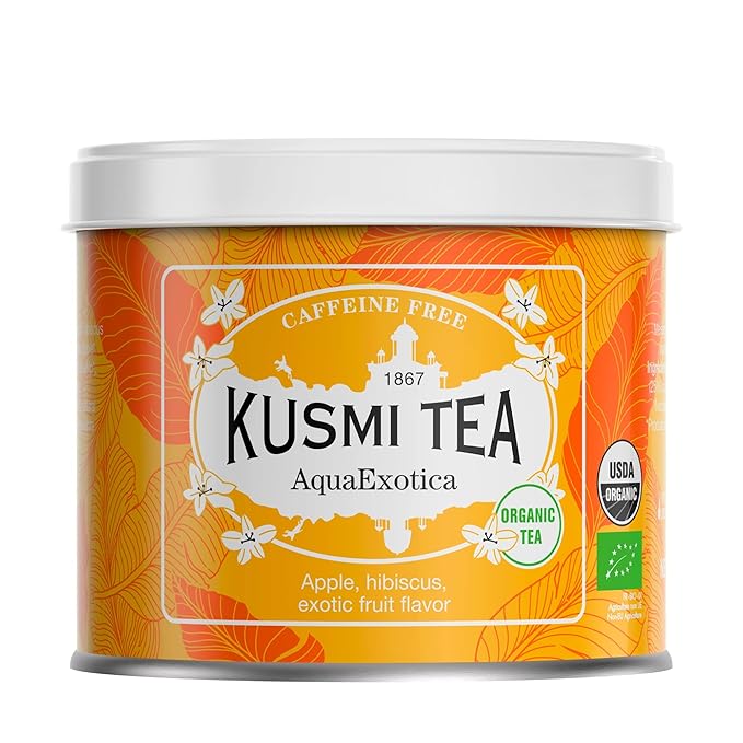 Kusmi Tea - AquaExotica - Organic Blend of Hibiscus Mango Dragon Fruit &amp Apple - Caffeine Free Herbal Tea - Enjoy Hot or Iced - Loose Leaf Tea - Tin Box of 3.5 oz - Quantity for about 50 cups