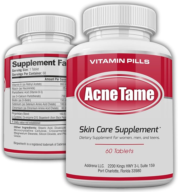 Acne Pills- Acne Tame Supplement- Clear Skin Vitamins Pill for Oily Skin Treatment Hormonal Blemishes Anti Spots &amp Cystic Acnes Supplements for Women Men Teens &amp Adults- 60 Oral Tablets