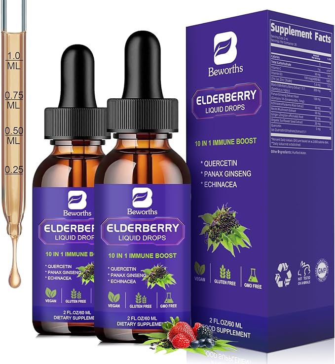 2 Pack Elderberry Syrup Black Elderberry Drops with Quercetin Panax Ginseng Vitamin C and Zinc Sambucus Elderberry Syrup Liquid for Immune Support Vegan Non-GMO &amp Gluten Free