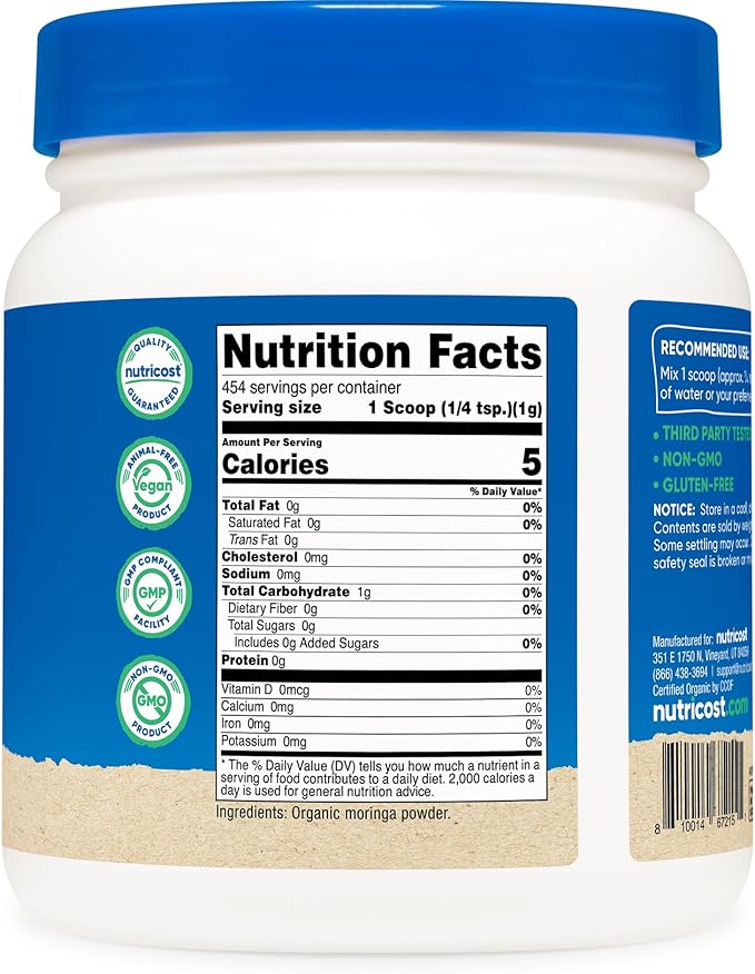 Nutricost Organic Moringa Powder 1LB (16oz) - Gluten Free Non-GMO Vegetarian Friendly