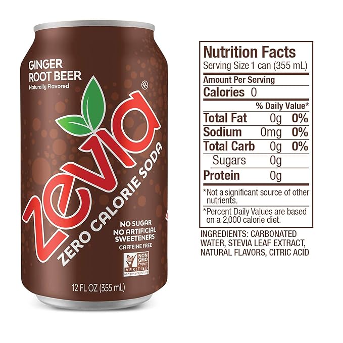 Zevia Zero Calorie Soda Ginger Root Beer and Cream Soda 12 and 16 Ounce Cans