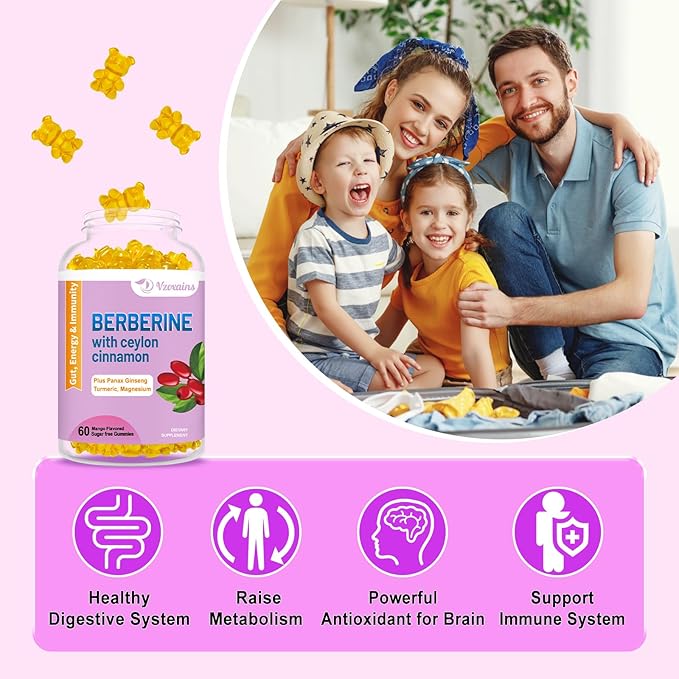 Berberine with Ceylon Cinnamon Gummies High Potency Berberine HCI Supplement Immune Health Support 120 Mango Flavored Gummies