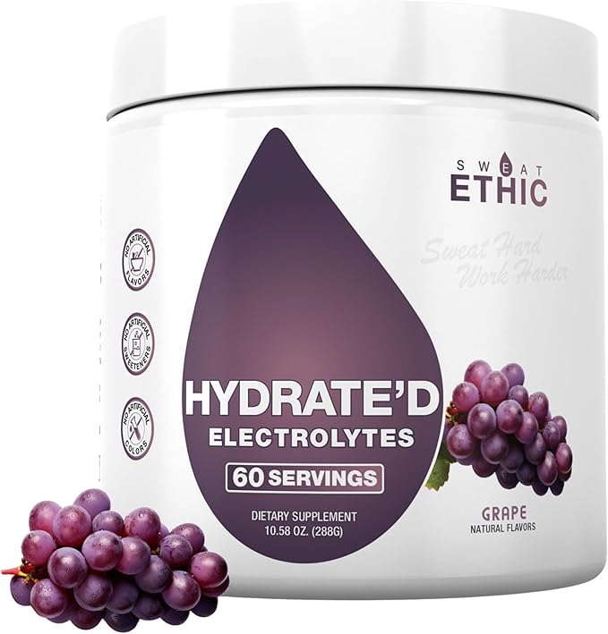 Sweat Ethic Hydrate’D Electrolytes Electrolyte Powder with Potassium Magnesium &amp Vitamin C Easy Mix Powder for Hydration &amp Performance Support Natural Ingredients Grape Flavor 60 Servings