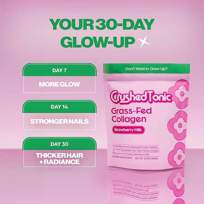 Crushed Tonic Korean Beauty Collagen Powder | Hydrolyzed Bovine Collagen Peptides for Skin Glow Hair &amp Nails | K-Beauty Drink | Gluten-Free Halal &amp Kosher (Strawberry 30 Servings (150 g) P