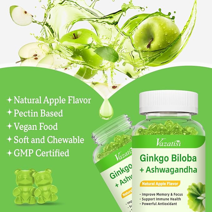 2 Pack Ginkgo Biloba Gummies 240MG with Panax Ginseng for Better Mood and Focus Booster Brain Health 120 Vegan Apple Flavor Gummies