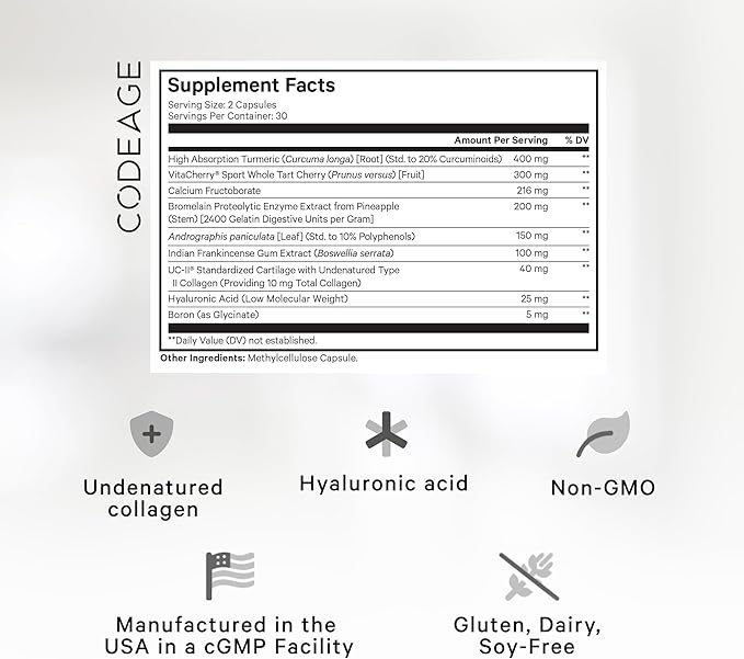 Codeage Supreme Joint Health UC-II Collagen Capsules Type II VitaCherry Sport Cherries Boron Calcium Fructoborate Hyaluronic Acid Turmeric Bromelain &amp Boswellia Supplement Non-GMO 60 Coun