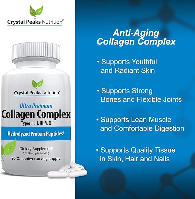 Collagen Peptide Pill - Types I II III V X - Anti-Aging - Premium Collagen Supplements &amp Collagen Pills - Hydrolyzed Protein Pills for Women &amp Men 1800 mg for Youthful Skin