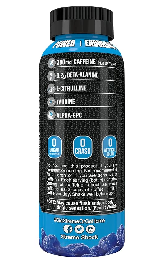 Xtreme Shock RTD Pre-Workout Energy Drink Blue Raspberry 12 Fl Oz (Pack of 12)