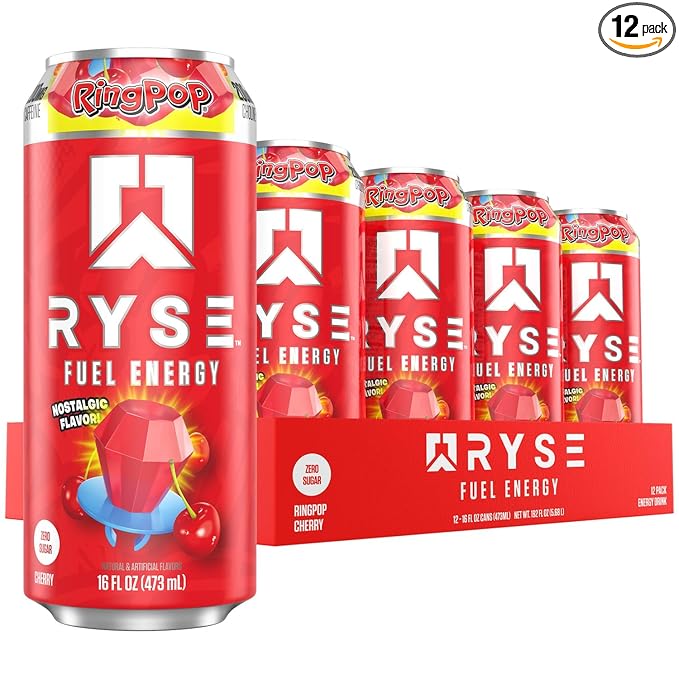 RYSE Fuel Energy Drink - Ring Pop Cherry - Sugar Free Gluten Free &amp Vegan - 200mg Natural Caffeine Taurine &amp Choline for Focus &amp Energy - No Artificial Colors - 16 fl oz Cans (12-Pack)