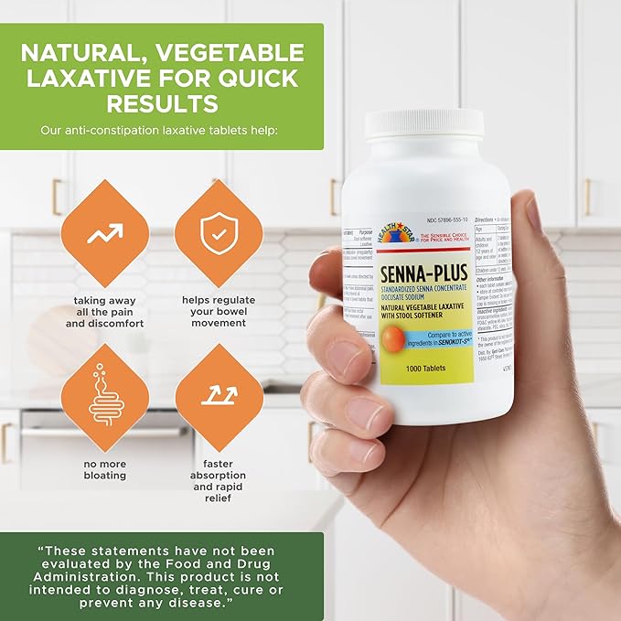 Health Star Senna Plus Laxative &amp Stool Softener Tablets 50mg / 8.6mg Strength Natural Vegetable Stimulant Laxative| Gentle Constipation Relief| Docusate Sodium for Bowel Movement (1000 Tablets