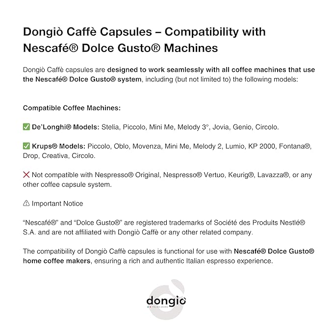 Dongiò Caffè Espresso Milano Capsules Compatible with Nescafe Dolce Gusto system 100 Count of Single-Serve Coffee pods (5 Boxes of 20 capsules each) Med-Light Roast | Intensity 6/10