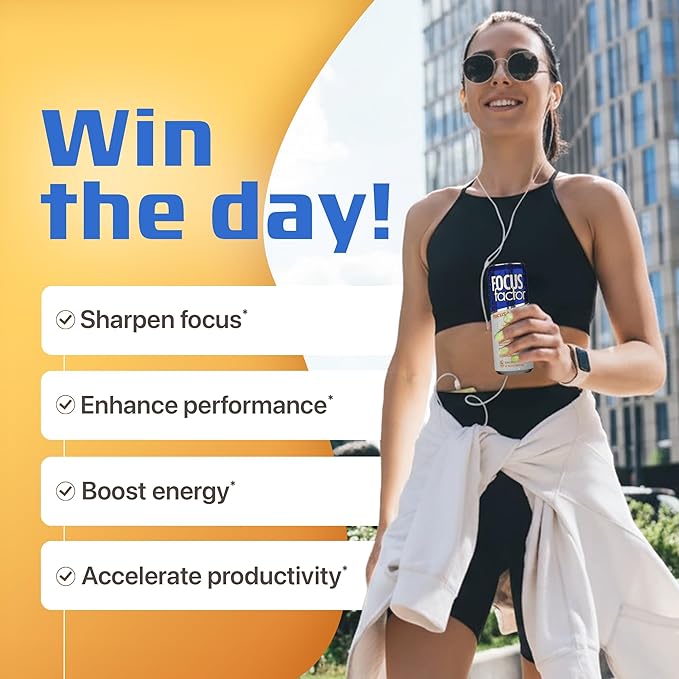 Focus Factor Energy Drink - 12 x 355ml Cans (Orange Flavour) - with Focus + Energy - Lightly Carbonated Sugar Free Low Calorie with Vitamin B6 &amp Vitamin B12