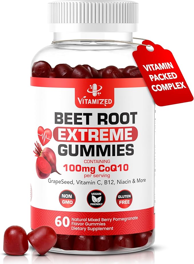 Extreme Beetroot Formula &amp COQ10 100mg with Grape Seed Extract for Circulation Energy &amp Flow Beet Root Gummies Extract Gluten Free 60