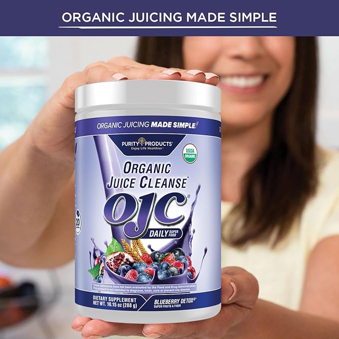 Purity Products OJC Blueberry Detox - Certified Organic Juice Cleanse Bloat + Gas Relief- Ft. OptiBiome Probiotics Organic Super Fruits + 4 Grams Organic Psyllium Fiber - Vegan - 30 Day Supply