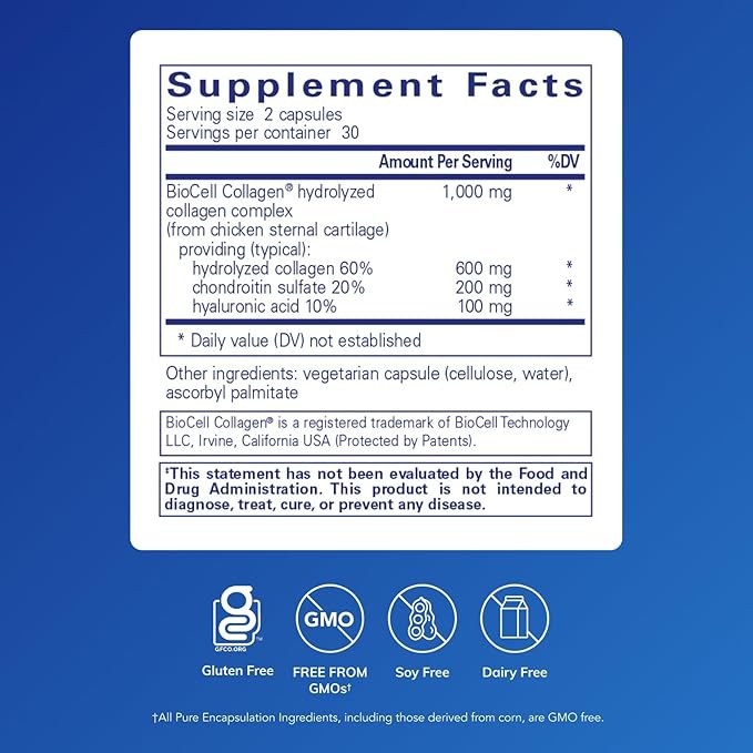 Pure Encapsulations Collagen JS - Skin &amp Joint Health* - 1000 mg Hydrolyzed Biocell Collagen - Gluten Free &amp Non-GMO - 60 Capsules