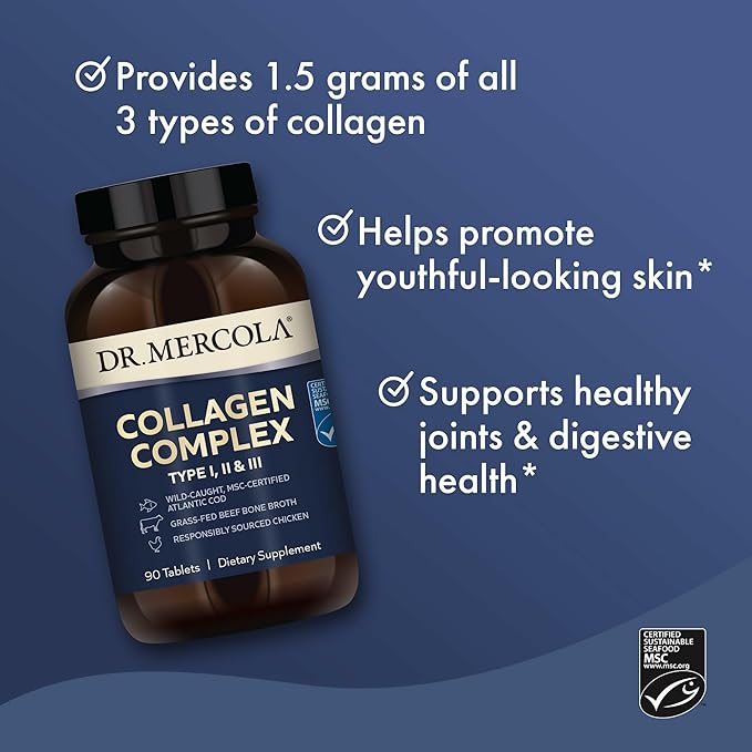 Dr. Mercola Collagen Complex - Supports Skin &amp Connective Tissue - Types I II &amp III Collagen - Non-GMO Gluten-Free &amp Soy-Free - 90 Tablets (30 Servings)