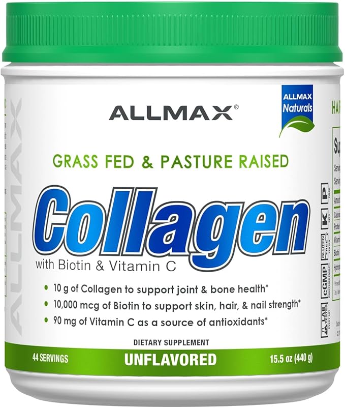 ALLMAX Collagen Powder Grass Fed &amp Pasture Raised – with Biotin (10000 mcg) &amp Vitamin C (90 mg) (440 Grams Unflavored)
