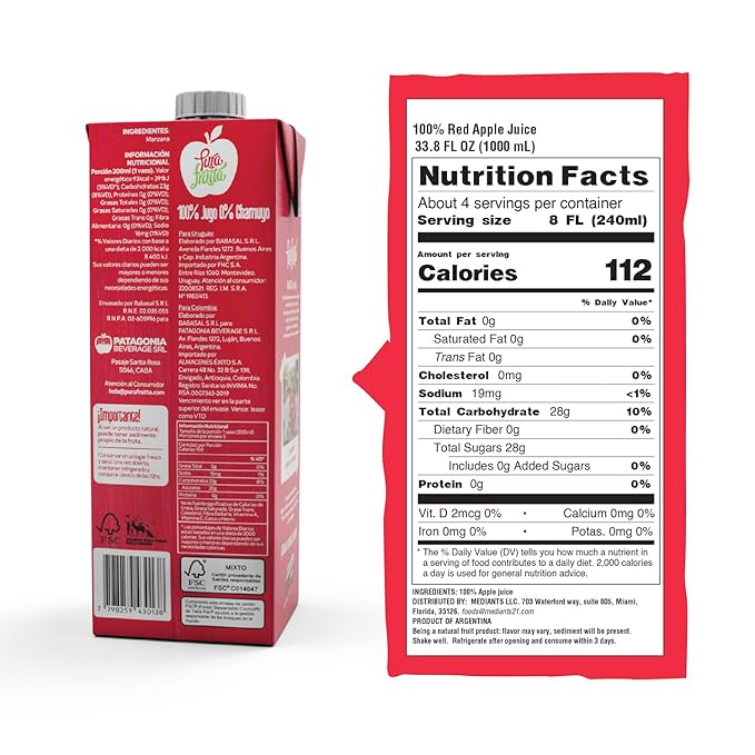 Pura Frutta - Red Gala Apple Juice - 33.8 fl oz (1L) Juice Box 8-Pack - 100% Natural &amp Cold-Pressed Not From Concentrate (NFC) No Sugar Added - Patagonia Blend with Red Delicious Granny Smith