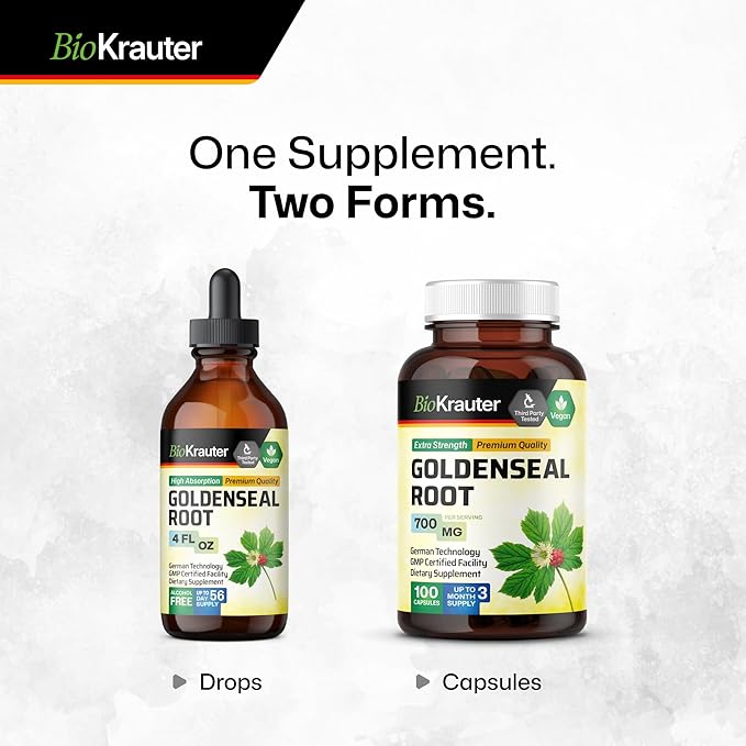 BIO KRAUTER® Goldenseal Root - Pure &amp Vegan Goldenseal Capsules 700mg/serving 100 Caps - Immune &amp Respiratory Support - Golden Seal Powder for Digestive Support - No Fillers Non-GMO 100-Days