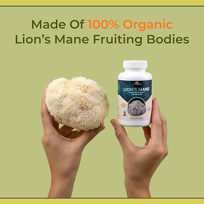 Naturealm Lions Mane Mushroom Supplement Capsules | 30-Day Supply | Organic Brain &amp Immune Support | 100% Fruiting Body Extract No Mycelium | Focus Memory &amp Mental Clarity
