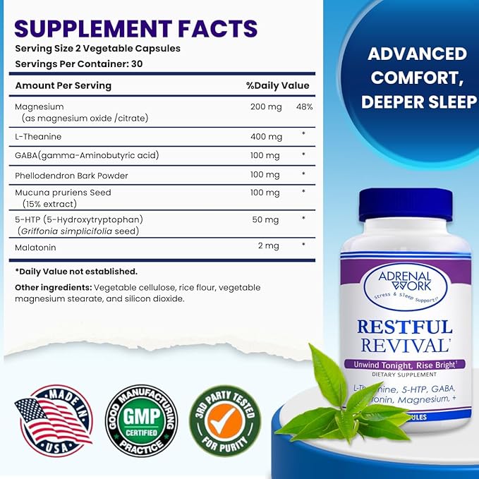 Relax with Restorative Sleep Capsules - L Theanine 400mg GABA 5 HTP L Tryptophan Magnesium for Sleep &amp Mood Support Supplement Natural Sleep Aids for Adults 60 Organic Capsules