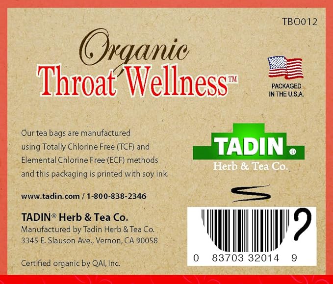 Tadin Organic Throat Wellness Tea Caffeine Free Herbal Tea for Throat Relief 20 Tea Bags Per Box Pack of 6