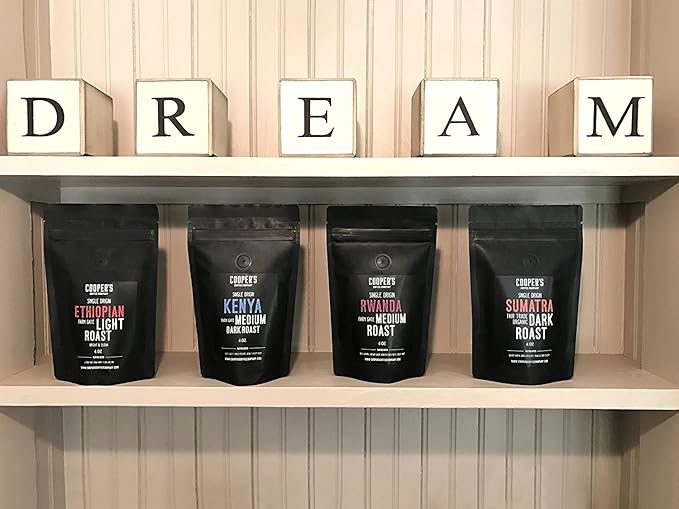 Gourmet Coffee Sampler Gift Box Set - Ground Coffee - 4 bags - 1lb Total and Organic Ethiopian Decaf Swiss Water Processed SWP Ground Coffee (12oz Ground)
