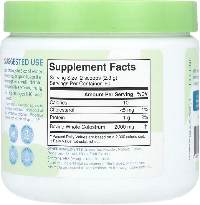 WONDERCOW Colostrum Supplement Powder for Gut Health Immune Support &amp Wellness | Natural IgG Pure Whole Bovine Colostrum Superfood Matcha 60 Servings
