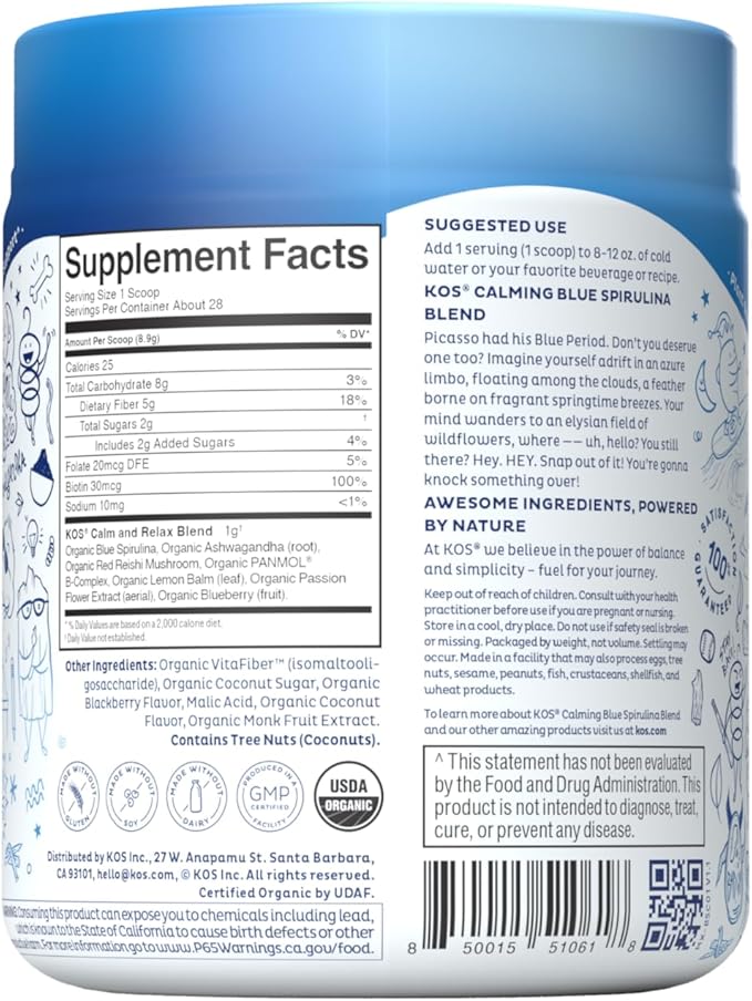 KOS Calming Blue Spirulina Blend- USDA Certified Organic - Algae Superfood Powder with Ashwagandha Root Lemon Balm Reishi Mushroom B Vitamins - Berry Coconut Cooler Flavor 28 Servings