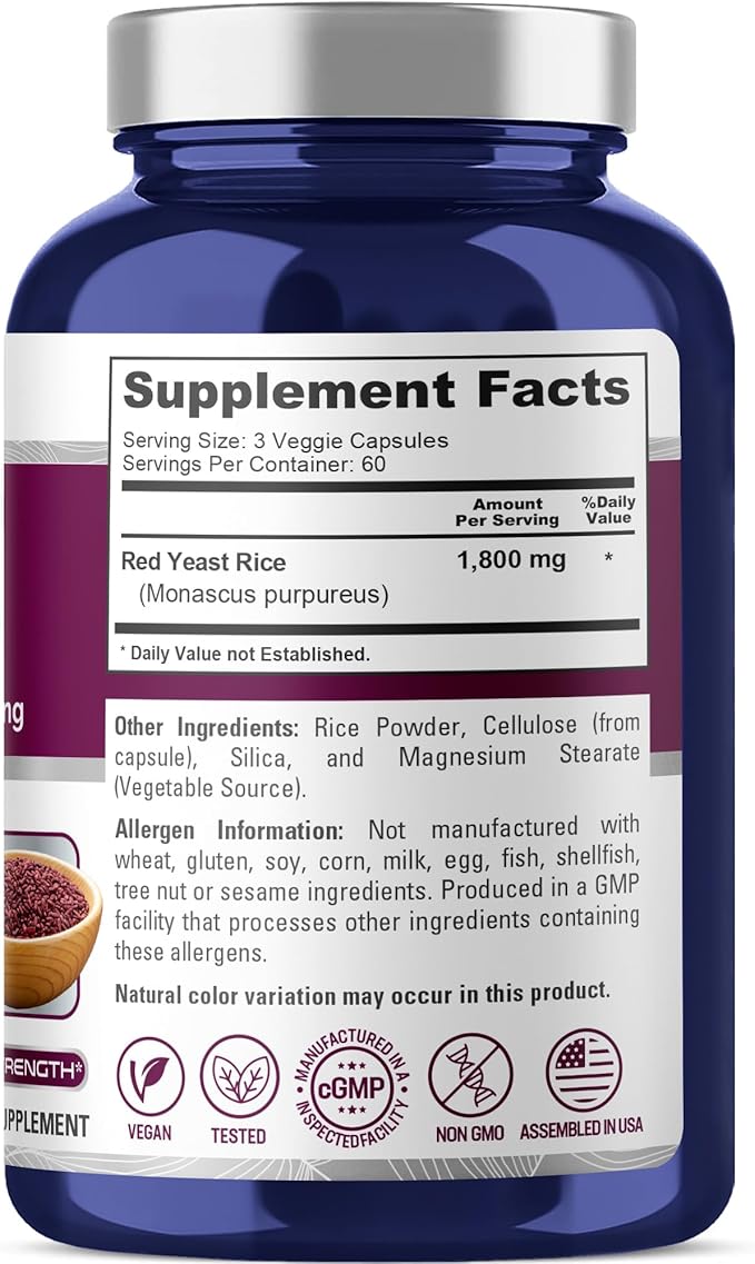 NusaPure Red Yeast Rice 1800mg 180 Veggie Capsules (Non-GMO Vegan)