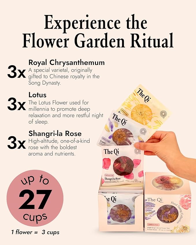 The-Qi Floral Tasting Collection Blooming Tea Variety Box – 9 Pcs Whole Flowers (Rose Chrysanthemum Lotus) – 100% All Natural Blooming Tea Gift Set Naturally Caffeine-free – Makes 27 Cups