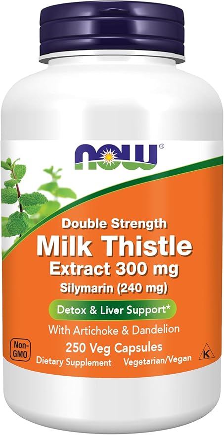 NOW Foods Supplements Silymarin Milk Thistle Extract 300 mg with Artichoke and Dandelion Double Strength Supports Liver Function* 250 Veg Capsules (1)