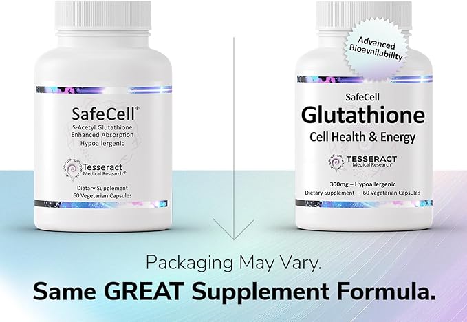 Tesseract SafeCell S-Acetyl Glutathione Supplement 300mg Healthy Aging Cellular Support Powerful Antioxidant Hypoallergenic Vegan Patented Delivery Bioavailability 60 Vegetarian Capsules