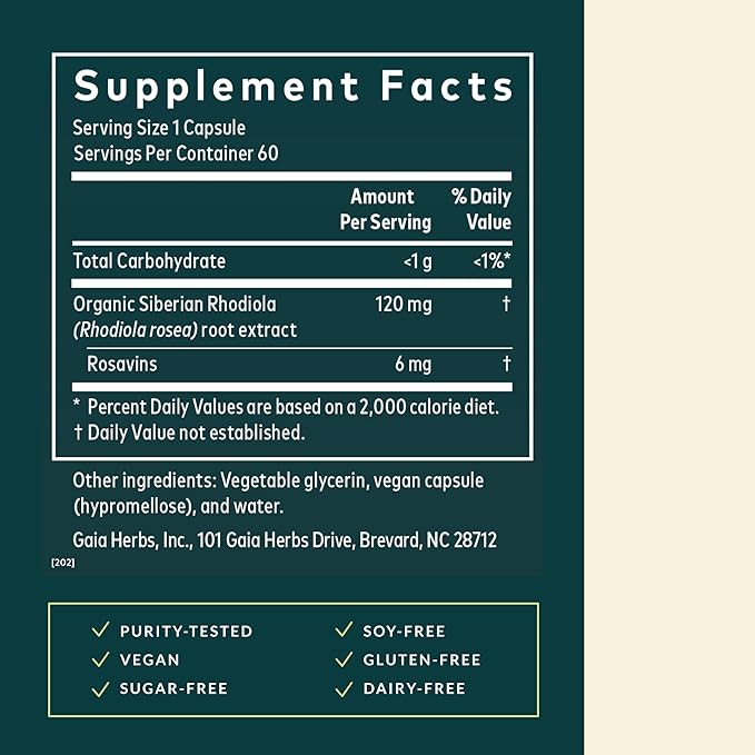 Gaia Herbs Rhodiola Rosea - Stress Support Supplement Traditionally for Supporting Healthy Stamina &amp Endurance - with Siberian Rhodiola Root Extract* - 60 Vegan Liquid Phyto-Caps (60 Servings)