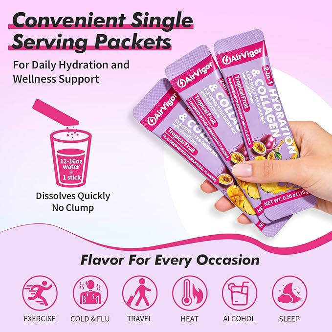 Electrolyte Collagen Powder Packets 10g Collagen Protein Drink Mix for Hydration Recovery Zero Sugar 2-in-1 Post Workout Rehydration Joint Skin Muscle Support 5 Vitamins Tropical Fruit
