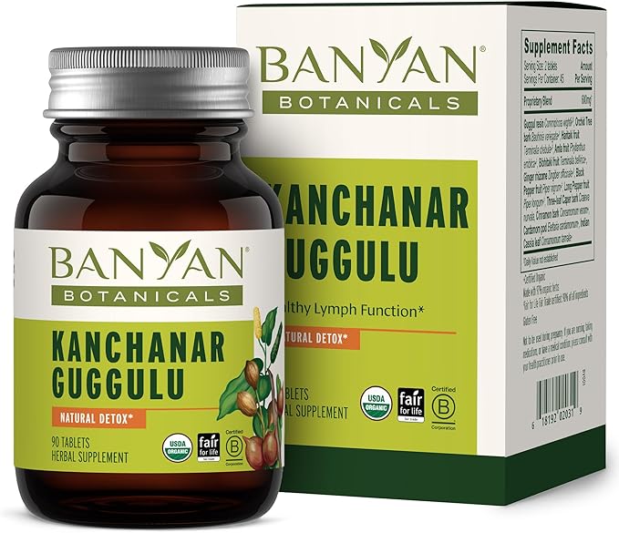 Banyan Botanicals Organic Kanchanar Guggulu – Natural Lymphatic Drainage &amp Detox Supplement – Systemic Cleanser for Glandular Health &amp Fluid Balance – with Guggulu Resin –90 Tablets – USDA Org