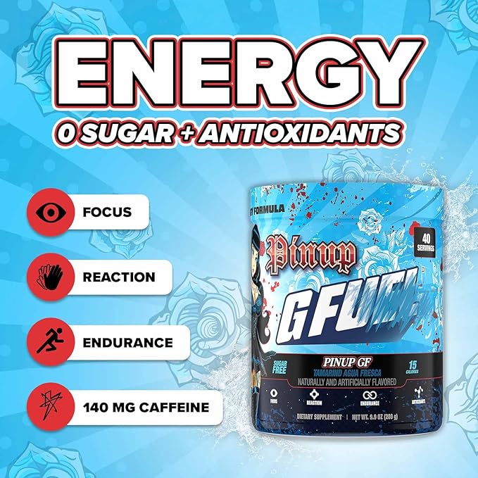 G Fuel Pinup GF Energy Drink Powder Pre Workout Caffeine Mix for Gaming Sugar Free Focus Amino Vitamin + Antioxidants 9.8oz (Tamarind Agua Fresca 40 Servings)