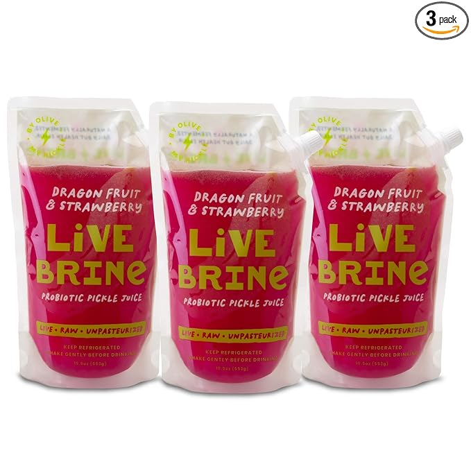 Olive My Pickle Probiotic Pickle Juice - 58.5 Ounces | 3 Pack of LiveBrine Dragonfruit &amp Strawberry Pickle Juice with Natural Probiotics and Digestive Enzymes for Gut Health - 39 Pickle Shots