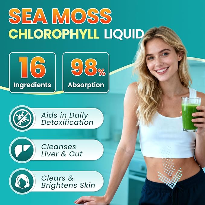 Sea Moss Drops - Irish Sea Moss Chlorophyll Liquid with Black Seed Oil Ashwagandha Moringa Turmeric Elderberry Mullein Seamoss Gel Supplement for Gut &amp Liver Cleanse Immune Support - Vegan