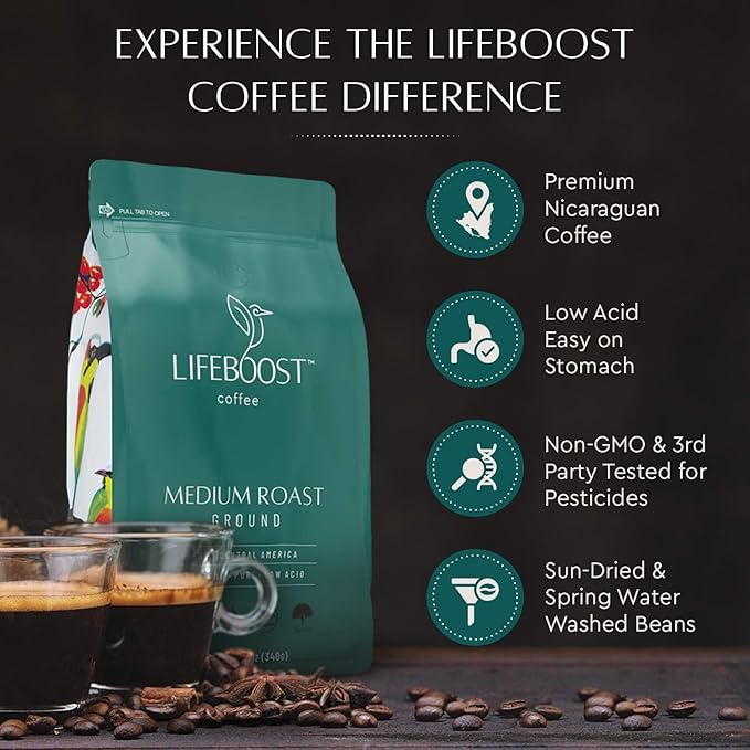 Lifeboost Coffee 3 Pack Medium Roast Ground Coffee - Low Acid Single Origin USDA Organic Coffee - Non-GMO Ground Coffee Third Party Tested For Mycotoxins &amp Pesticides - 12 Ounces