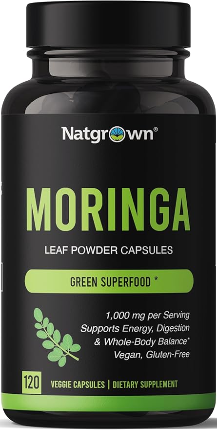 Natgrown Organic Moringa Capsules 1000 mg - Pure Moringa Leaf Powder - Green Superfood Supplement - Vegan Gluten-Free - 120 Capsules