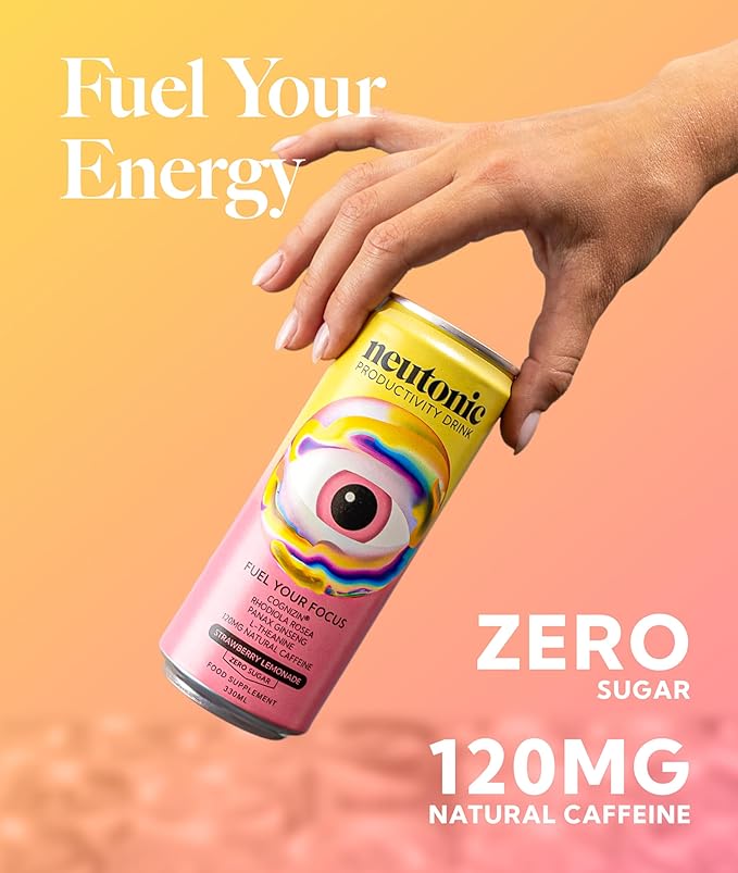 Neutonic Nootropic Productivity Energy Drink | Strawberry Lemonade 12 Cans | 120mg Natural Caffeine Zero Sugar | Support Memory Mental Clarity Cognitive Function | Boost Focus Energy Brain Health