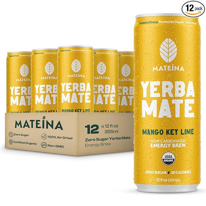 Mateina Yerba Mate Zero Sugar Energy Drink – 120mg Natural Caffeine – Organic Non-GMO Non-Carbonated – Dr. Andrew Huberman Recommended – (12 fl oz Cans 12 Pack) Mango Key Lime