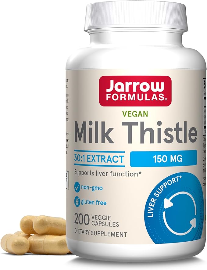 Jarrow Formulas Milk Thistle Supplement 150 mg. 30:1 Milk Thistle Extract Standardized to 80% Total Flavonoids Dietary Supplement for Liver Function Support 200 Veggie Capsules Up to 200 Day Supply