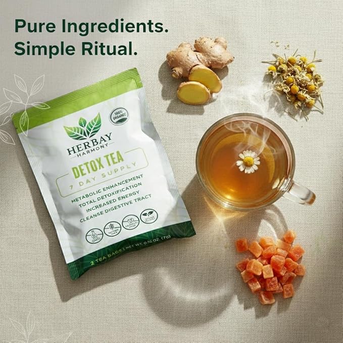 Herbay Harmony Organic Detox Tea – Caffeine-Free Herbal Cleanse for Bloating Relief Digestive Tea &amp Natural Body Detox Organic Herbal Blend with Ginger Chamomile &amp Papaya (4 Pack (4‑Week De