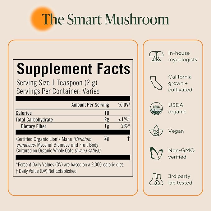 Om Lion’s Mane Mushroom Powder - Organic Mushroom Supplement and Nootropic - Support Memory Focus and Nerve Health 7.05 oz (100 Servings)